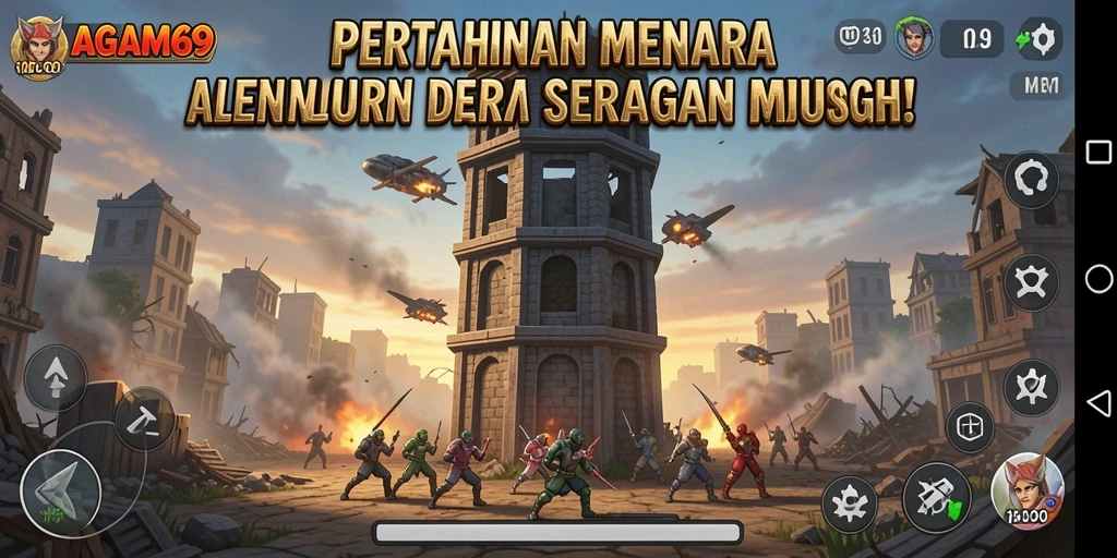 Screenshot gameplay AGAM69 menampilkan pertempuran menara yang mendebarkan.