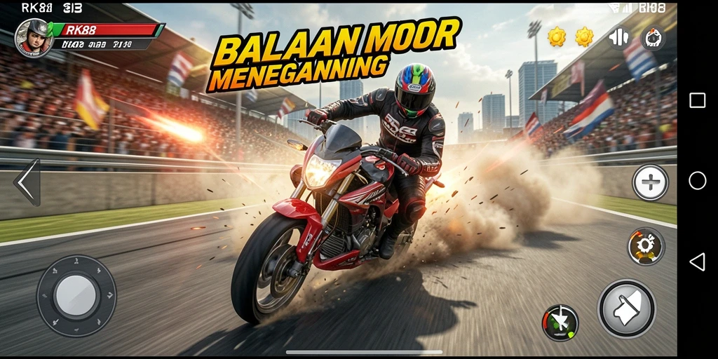 Screenshot gameplay RK88 menunjukkan aksi balapan yang penuh adrenalin.