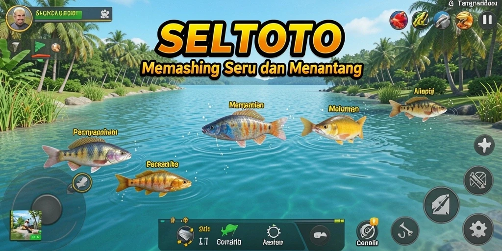 Tampilan seru gameplay memancing di SELTOTO dengan berbagai lokasi menarik.