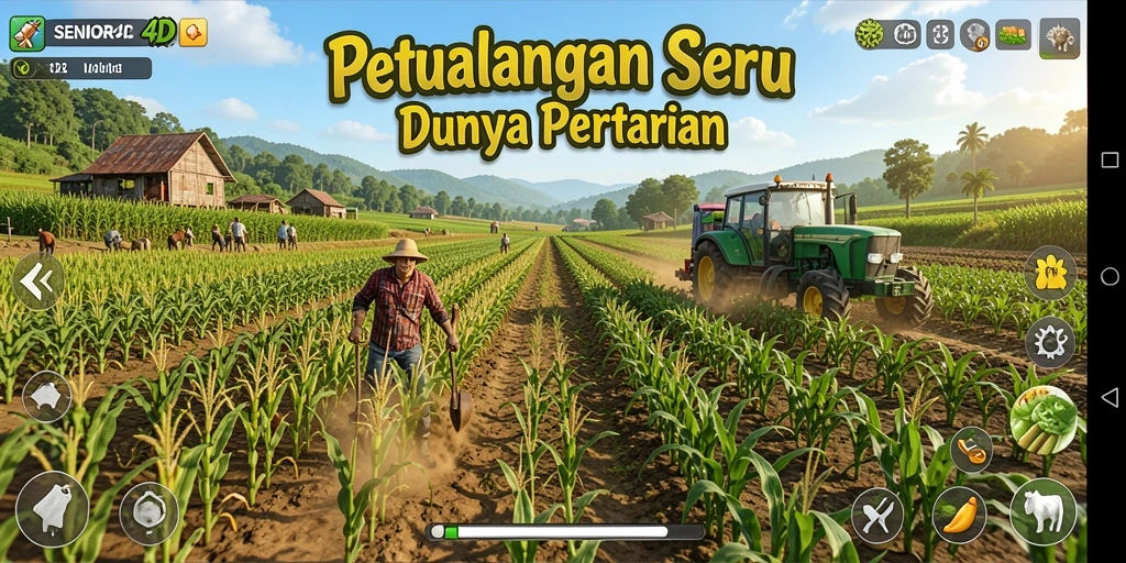 Tampilan gameplay SENIOR4D yang menampilkan aktivitas berkebun.