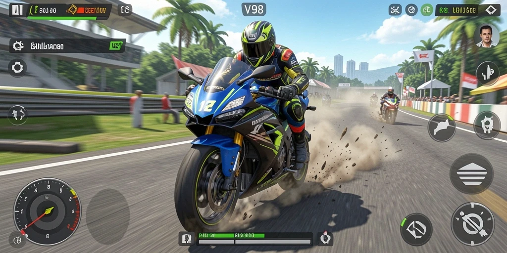Screenshot utama V98 menampilkan aksi balapan motor yang menegangkan.